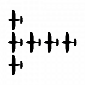 Bovenaanzicht van de T-Formation met zes vliegtuigen