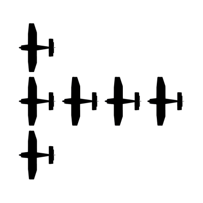 Bovenaanzicht van de T-Formation met zes vliegtuigen